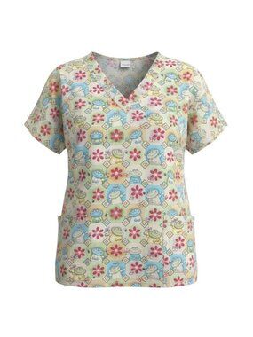 Scrub HQ Womens Frog & Flower Print V-Neck Scrub Top Short Sleeve Small